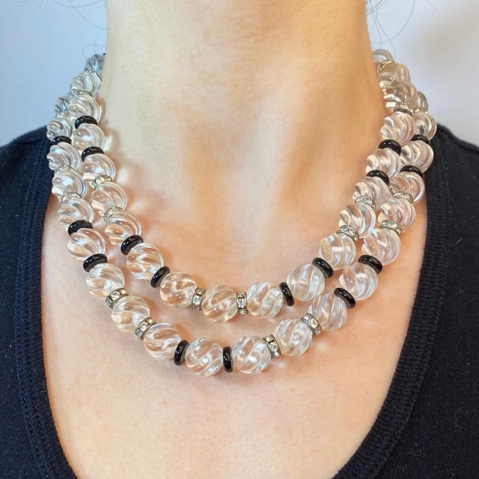 Carved Rock Crystal and Black Onyx Necklace