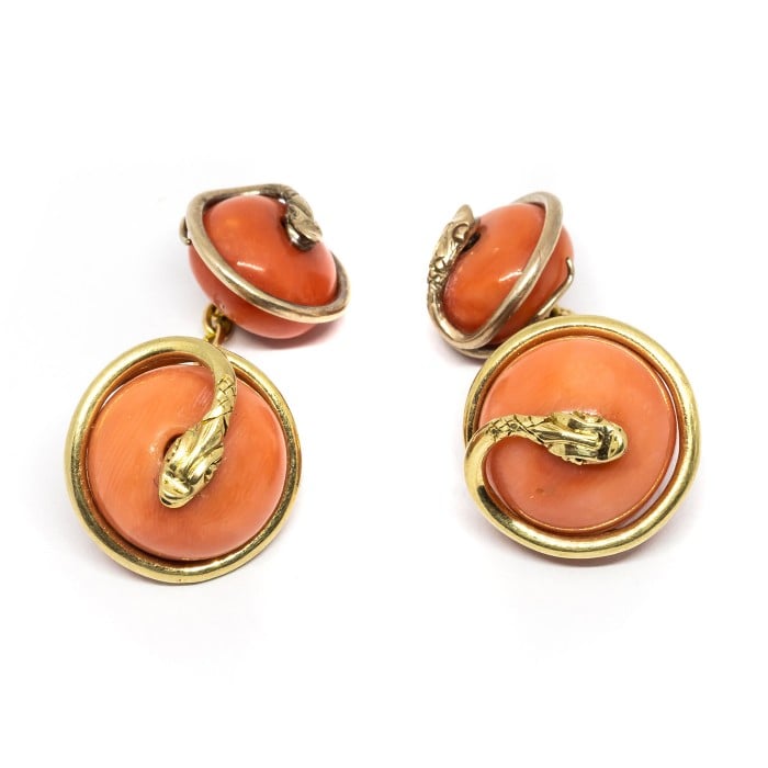 Coral and Gold Snake Cufflinks, Circa 1890