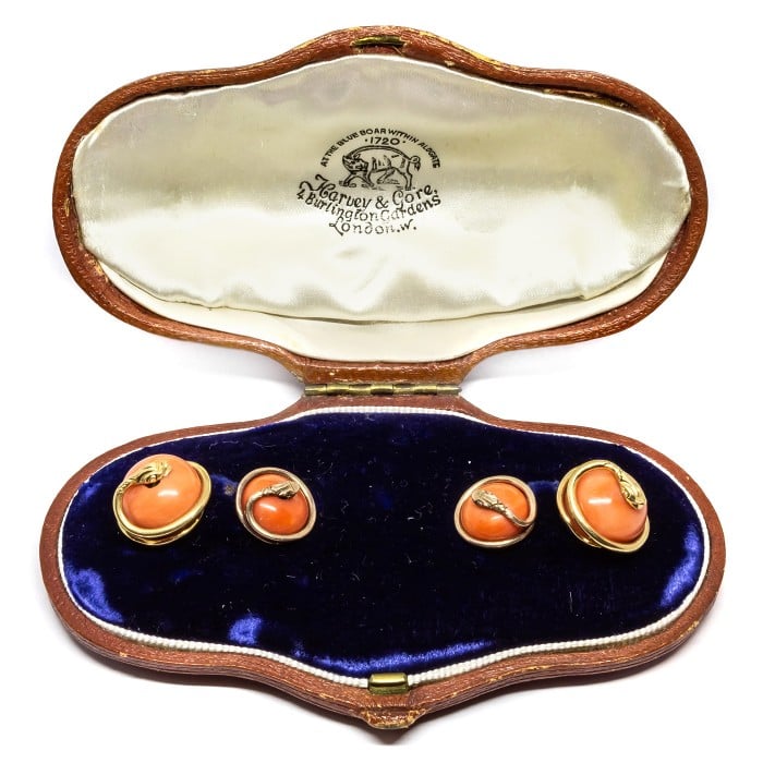 Coral and Gold Snake Cufflinks, Circa 1890