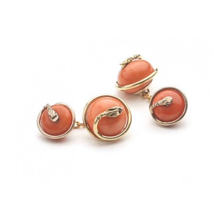 Coral and Gold Snake Cufflinks, Circa 1890