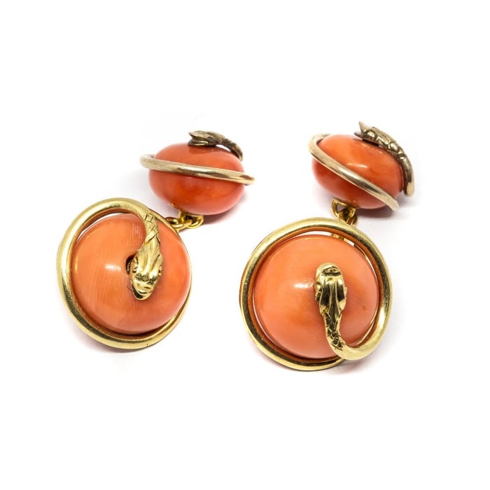 Coral and Gold Snake Cufflinks, Circa 1890