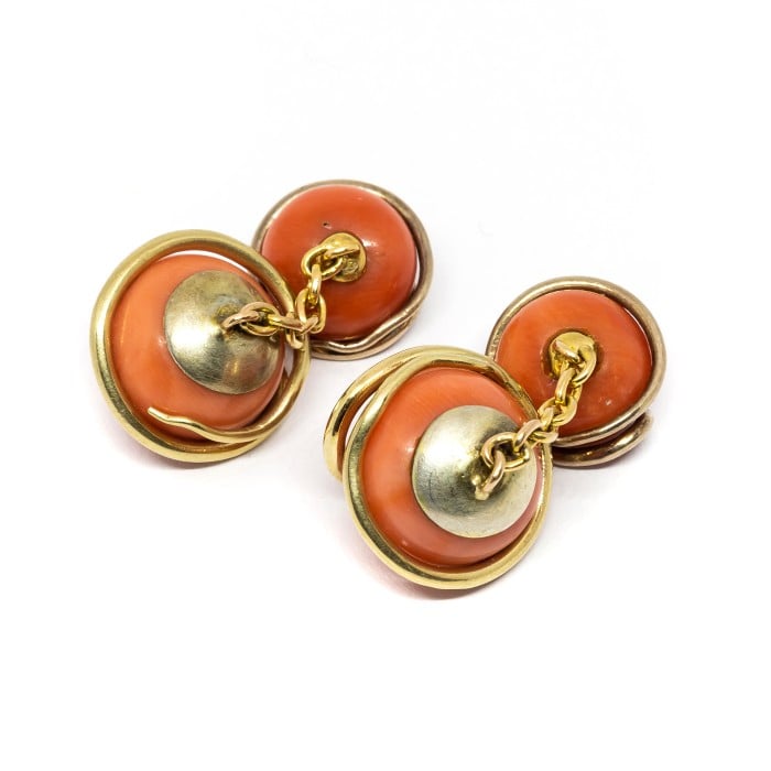 Coral and Gold Snake Cufflinks, Circa 1890