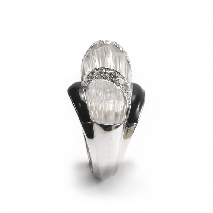 David Webb Vintage Rock Crystal, Diamond and Enamel Ring, Circa 1980