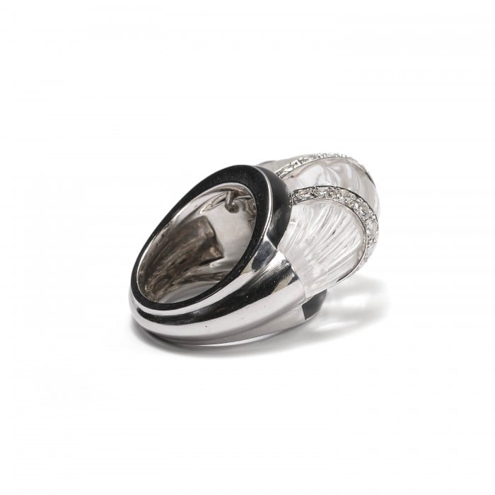 David Webb Vintage Rock Crystal, Diamond and Enamel Ring, Circa 1980