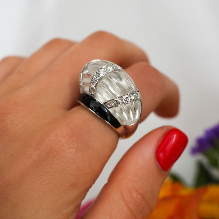David Webb Vintage Rock Crystal, Diamond and Enamel Ring, Circa 1980