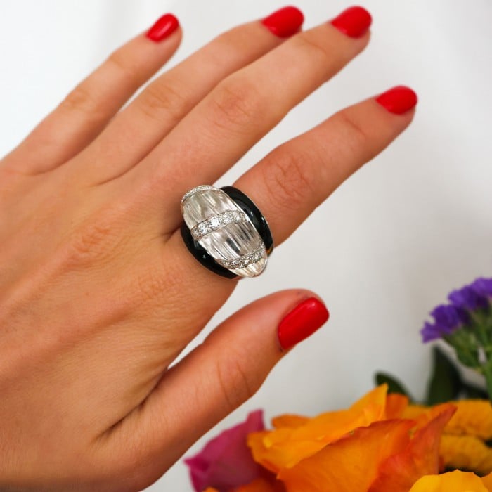David Webb Vintage Rock Crystal, Diamond and Enamel Ring, Circa 1980