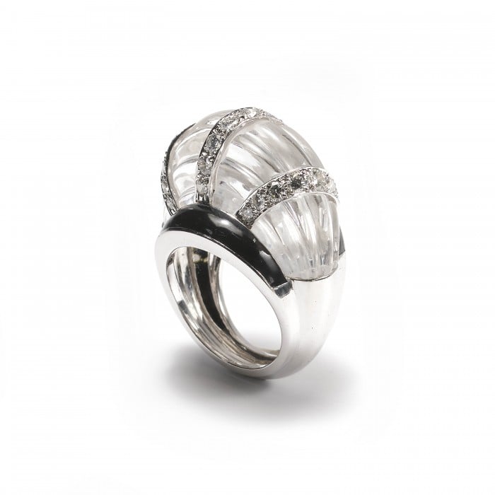 David Webb Vintage Rock Crystal, Diamond and Enamel Ring, Circa 1980