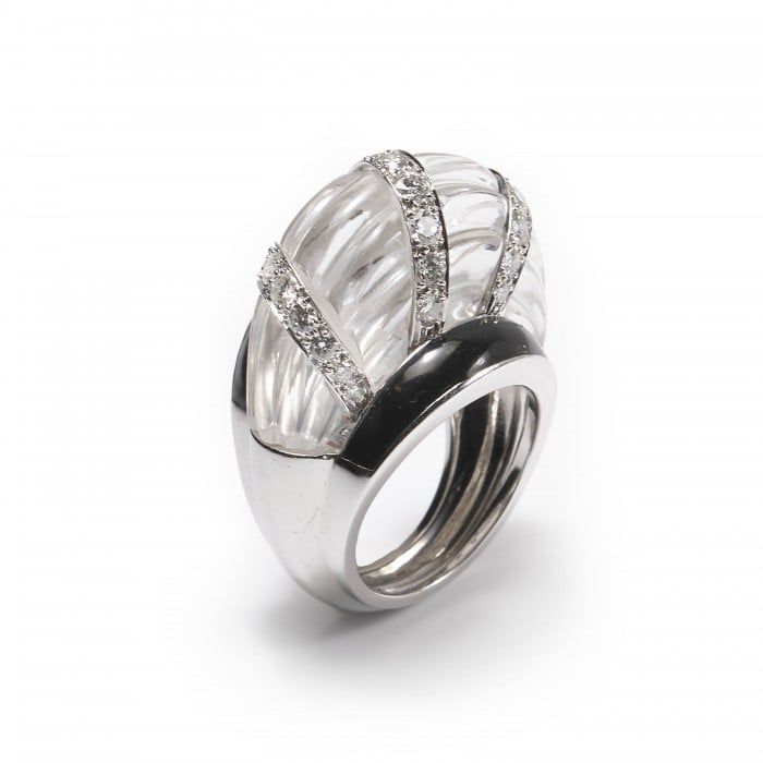David Webb Vintage Rock Crystal, Diamond and Enamel Ring, Circa 1980