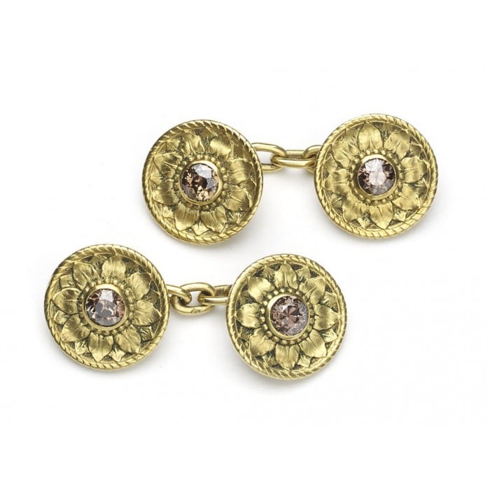 Desbazeille Art Nouveau Champagne Diamond and Gold Cufflinks, Circa 1895