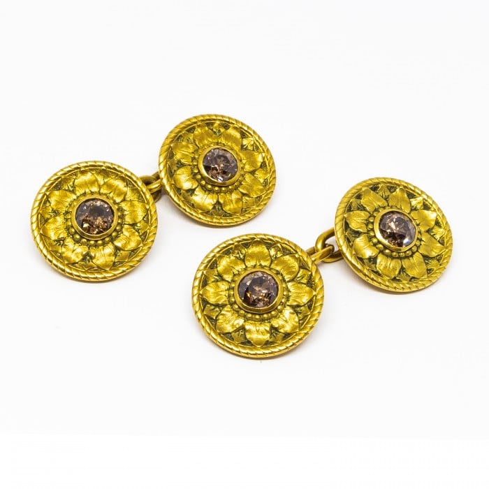 Desbazeille Art Nouveau Champagne Diamond and Gold Cufflinks, Circa 1895
