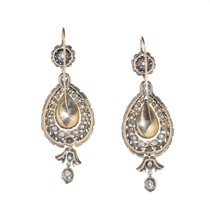 Diamond and Silver Upon Gold Antique Style Drop Earrings, 10.38ct