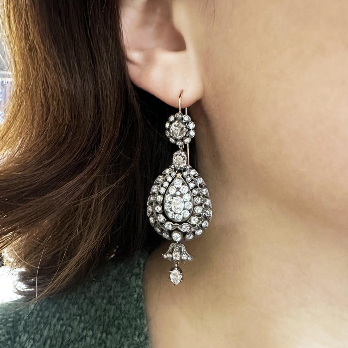 Diamond and Silver Upon Gold Antique Style Drop Earrings, 10.38ct