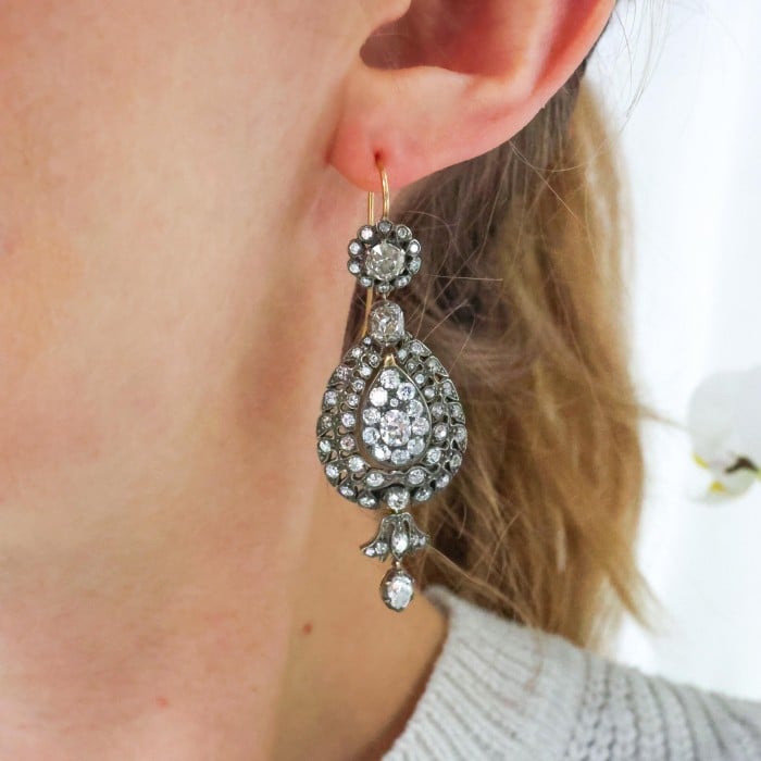 Diamond and Silver Upon Gold Antique Style Drop Earrings, 10.38ct