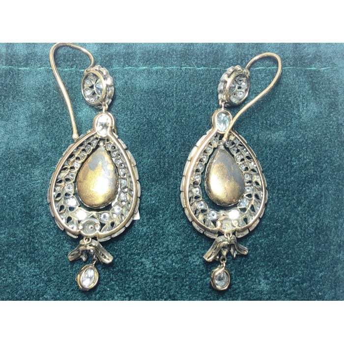 Diamond and Silver Upon Gold Antique Style Drop Earrings, 10.38ct