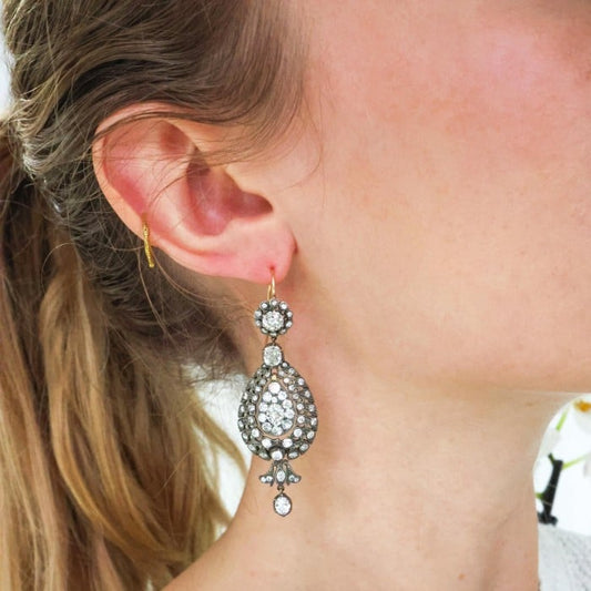 Diamond and Silver Upon Gold Antique Style Drop Earrings, 10.38ct