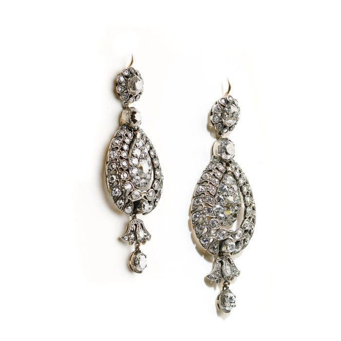 Diamond and Silver Upon Gold Antique Style Drop Earrings, 10.38ct