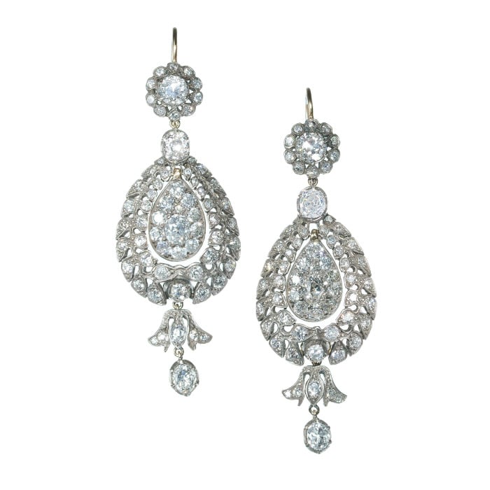 Diamond and Silver Upon Gold Antique Style Drop Earrings, 10.38ct