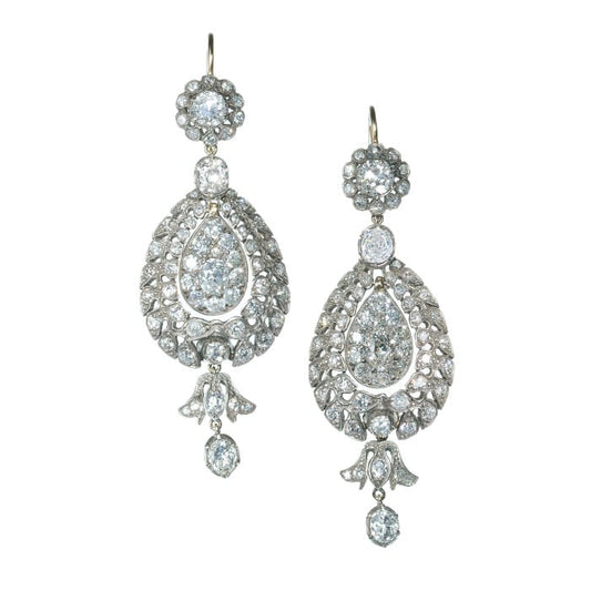 Diamond and Silver Upon Gold Antique Style Drop Earrings, 10.38ct