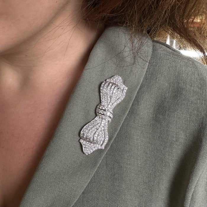 Diamond and White Gold Bow Brooch, Circa 1990, 5.00 Carats