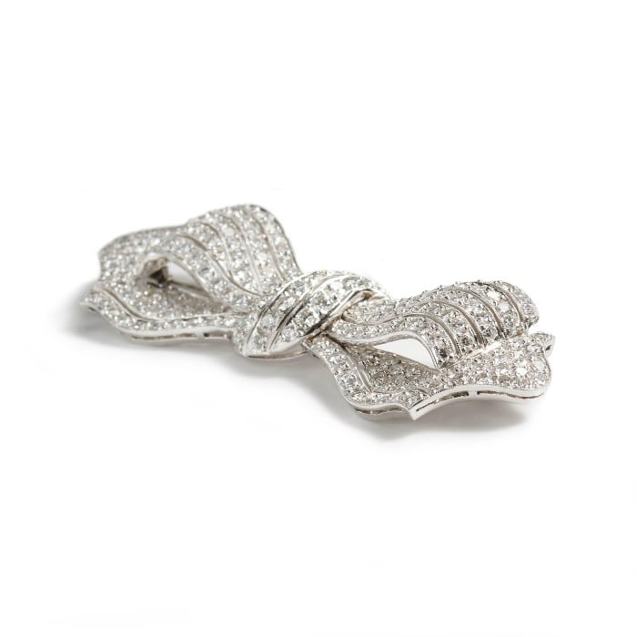 Diamond and White Gold Bow Brooch, Circa 1990, 5.00 Carats