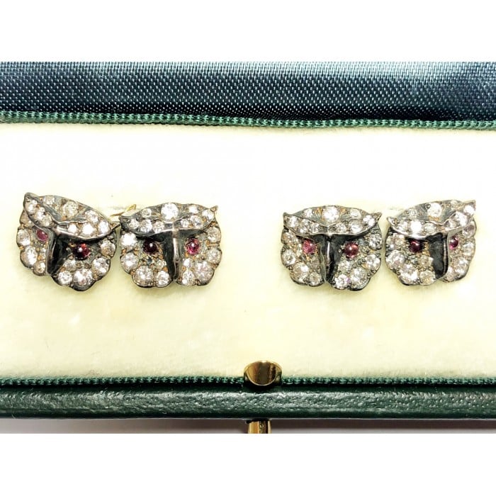Diamond Ruby Silver and Gold Owl Cufflinks, Circa 1970