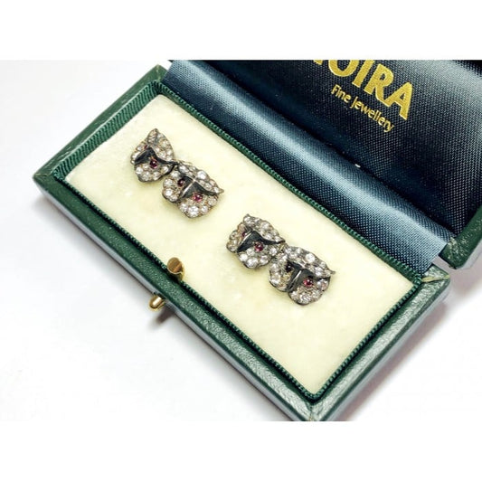 Diamond Ruby Silver and Gold Owl Cufflinks, Circa 1970
