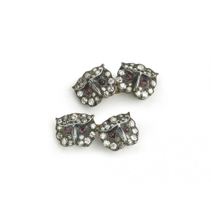 Diamond Ruby Silver and Gold Owl Cufflinks, Circa 1970