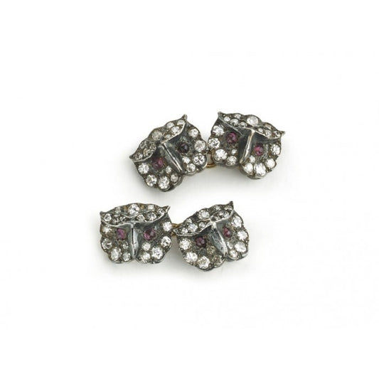 Diamond Ruby Silver and Gold Owl Cufflinks, Circa 1970