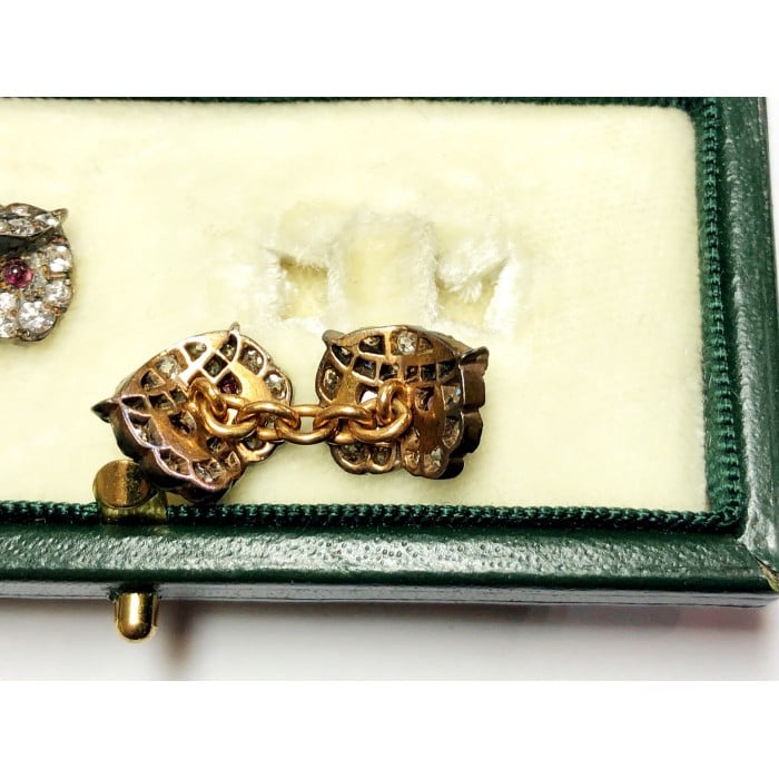 Diamond Ruby Silver and Gold Owl Cufflinks, Circa 1970