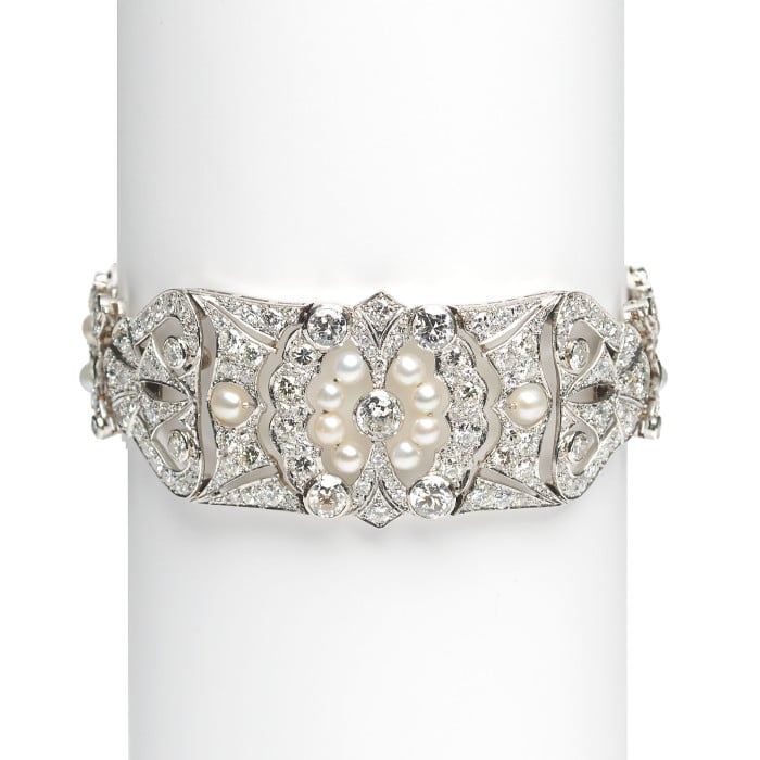 Early 20th Century Pearl Diamond and Platinum Bracelet, Circa 1920, 8.90 Carats