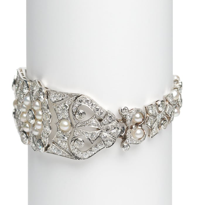 Early 20th Century Pearl Diamond and Platinum Bracelet, Circa 1920, 8.90 Carats