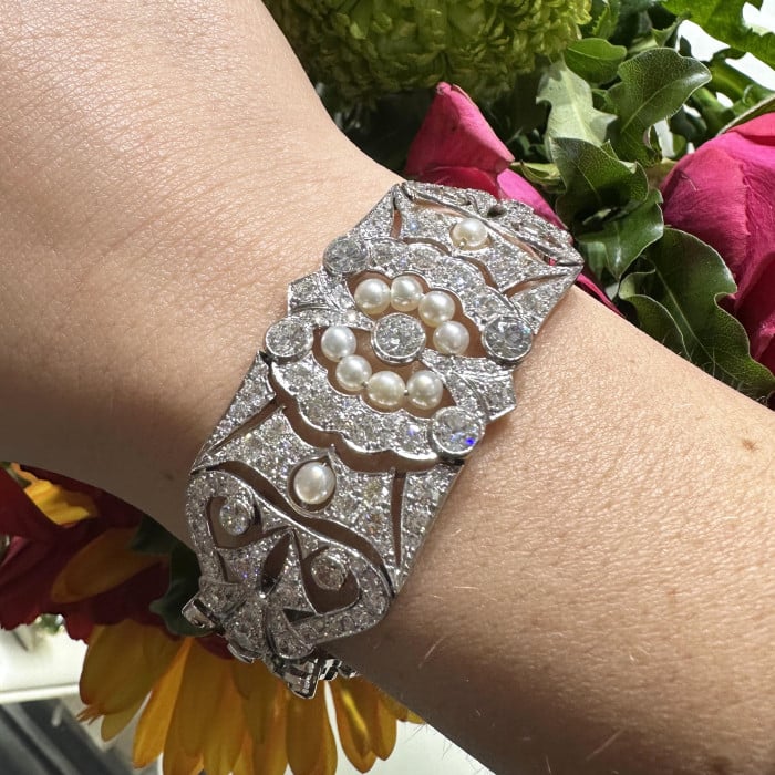 Early 20th Century Pearl Diamond and Platinum Bracelet, Circa 1920, 8.90 Carats
