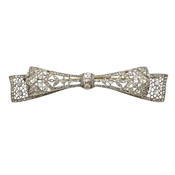 Edwardian Style Diamond and Silver Upon Gold Bow Brooch