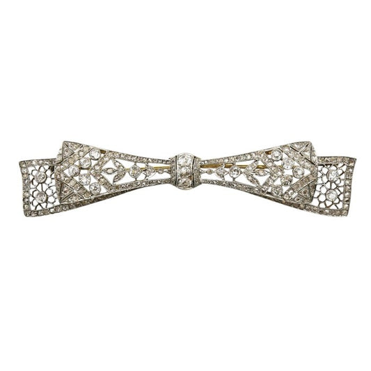 Edwardian Style Diamond and Silver Upon Gold Bow Brooch