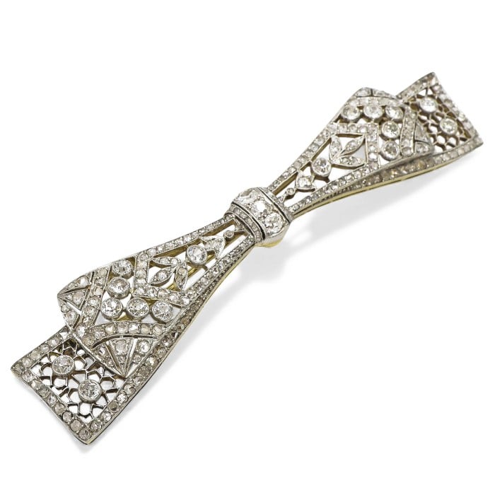 Edwardian Style Diamond and Silver Upon Gold Bow Brooch