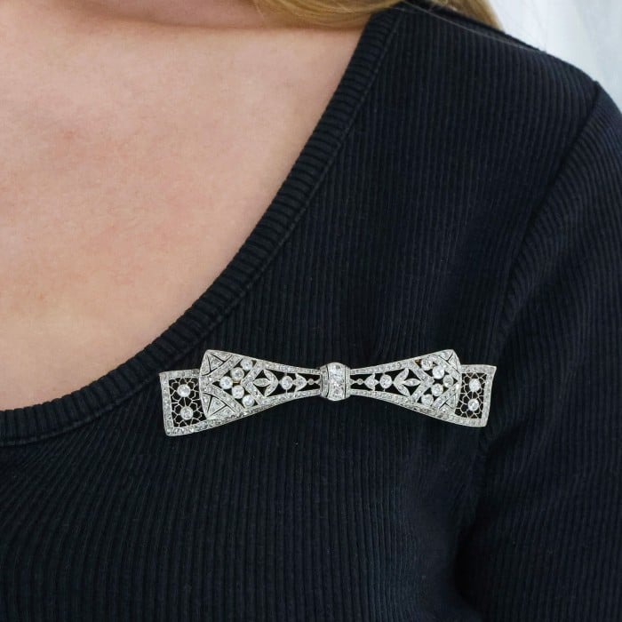 Edwardian Style Diamond and Silver Upon Gold Bow Brooch