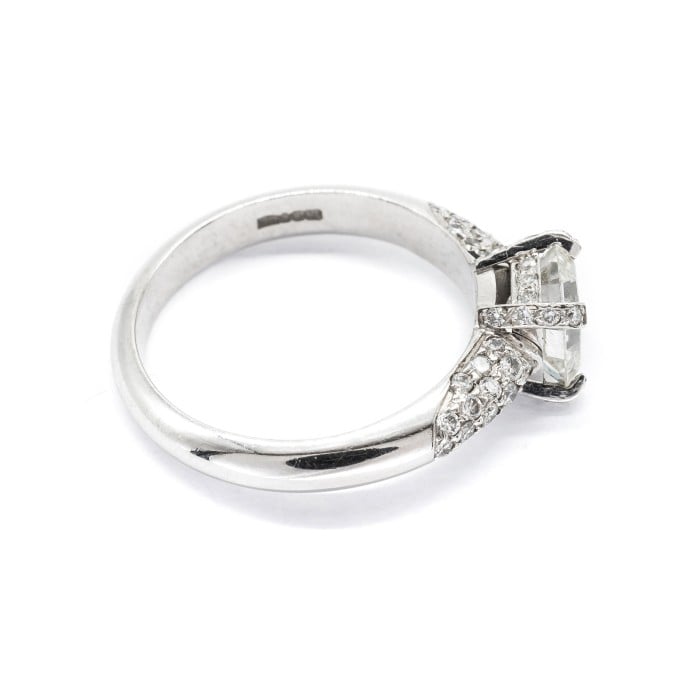 Emerald Cut Diamond and Platinum Ring With Pavé Set Shoulders, 1.23ct