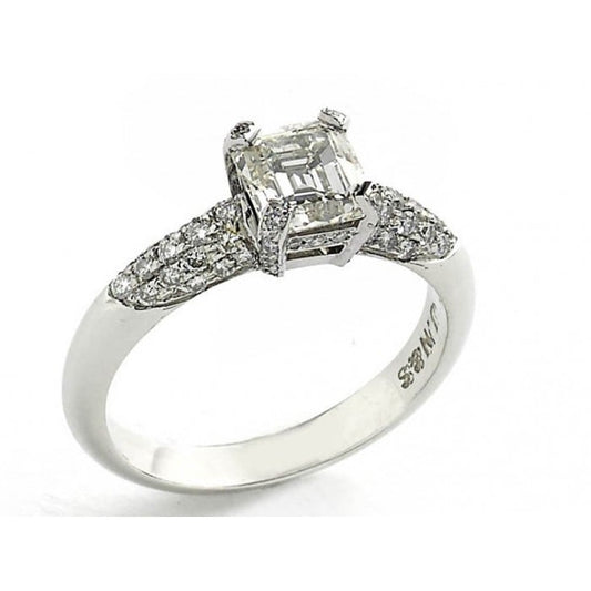 Emerald Cut Diamond and Platinum Ring With Pavé Set Shoulders, 1.23ct
