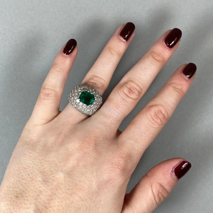 Emerald Diamond and 18ct White Gold Bombé Cluster Ring