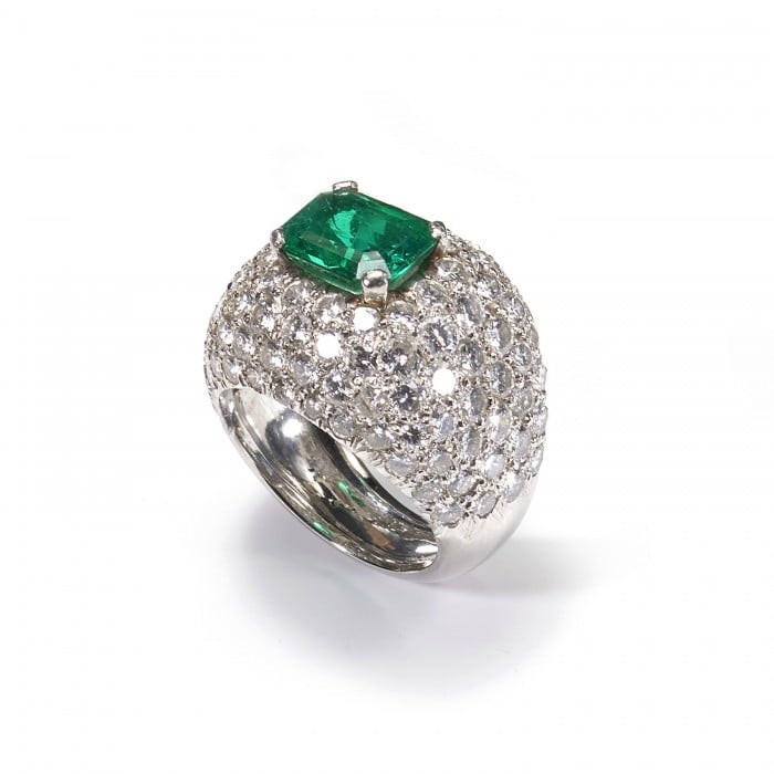 Emerald Diamond and 18ct White Gold Bombé Cluster Ring