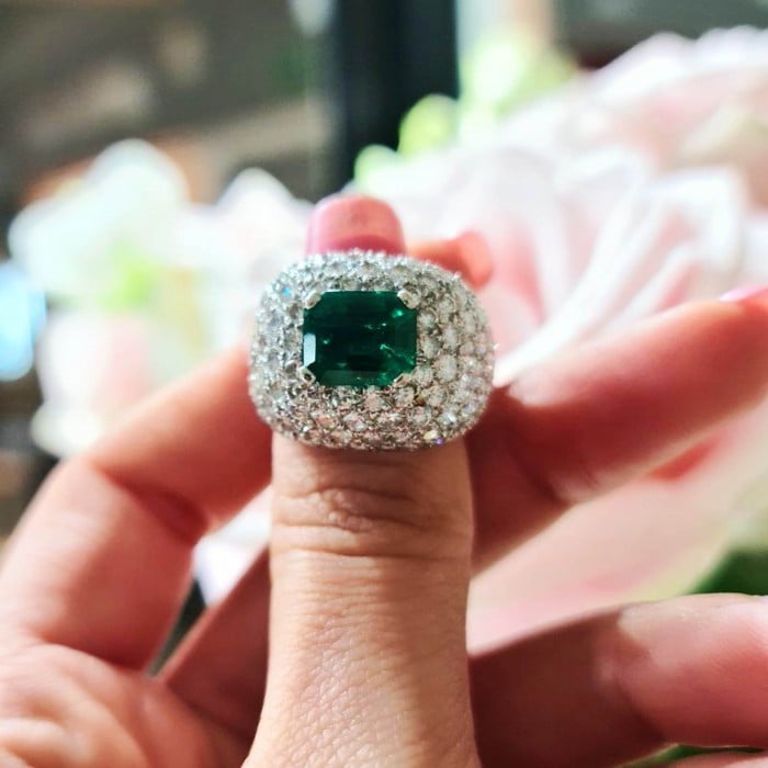 Emerald Diamond and 18ct White Gold Bombé Cluster Ring