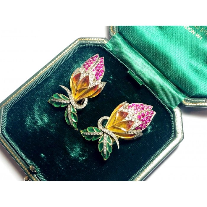 Enamel, Ruby and Diamond Flower Bud Earrings