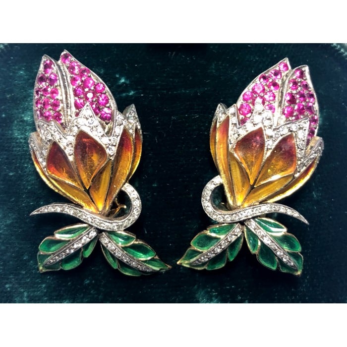 Enamel, Ruby and Diamond Flower Bud Earrings