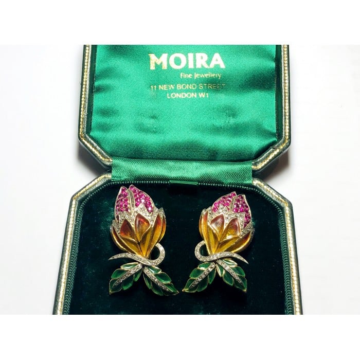 Enamel, Ruby and Diamond Flower Bud Earrings