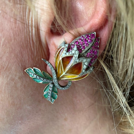 Enamel, Ruby and Diamond Flower Bud Earrings