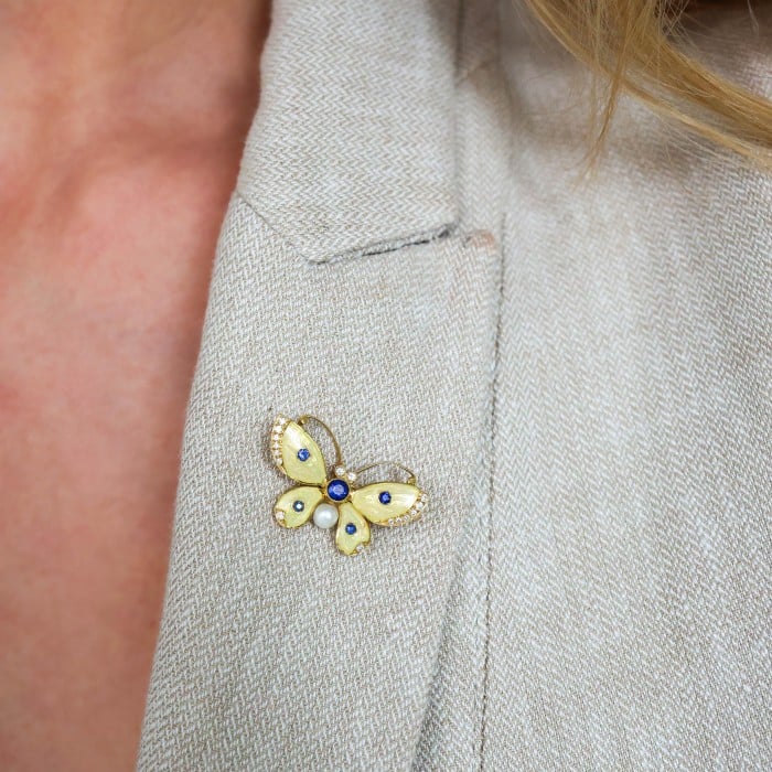 Enamel Sapphire Diamond Pearl and Gold Butterfly Brooch