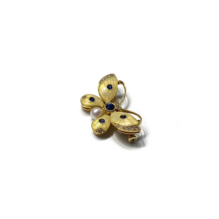 Enamel Sapphire Diamond Pearl and Gold Butterfly Brooch