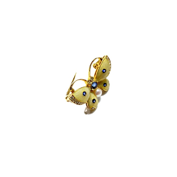 Enamel Sapphire Diamond Pearl and Gold Butterfly Brooch