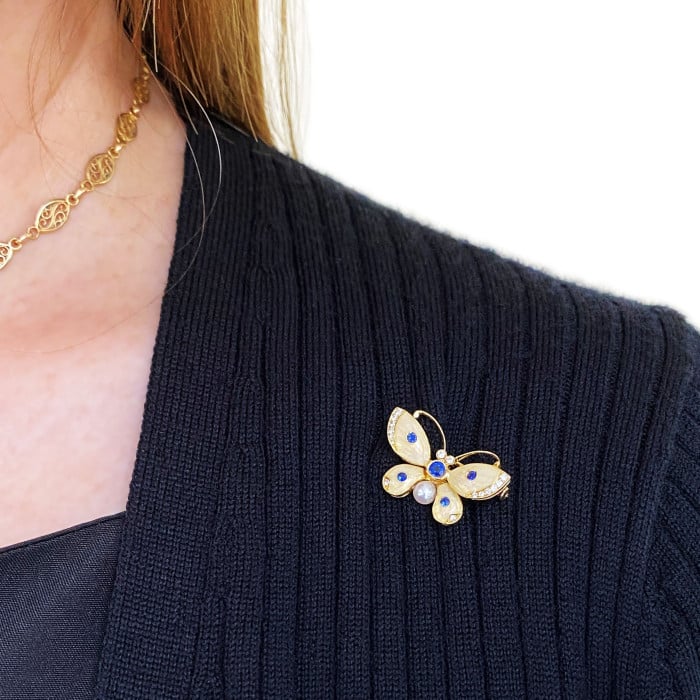 Enamel Sapphire Diamond Pearl and Gold Butterfly Brooch