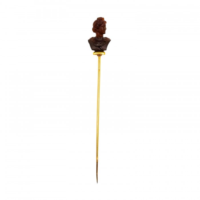 French Antique Apollo Belvedere Style Bust Stick Pin in Chalcedony and Gold, Circa 1880